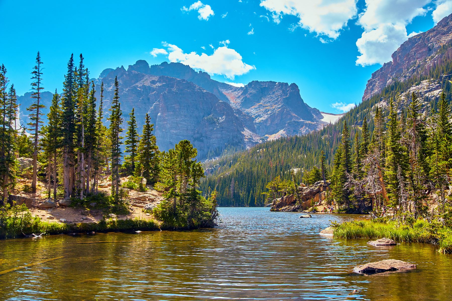 Lake in front of giant mountain