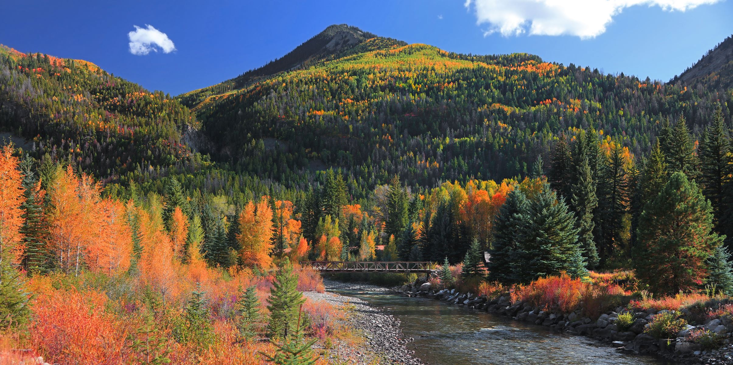 Lonely river bridge amongst fall colored trees