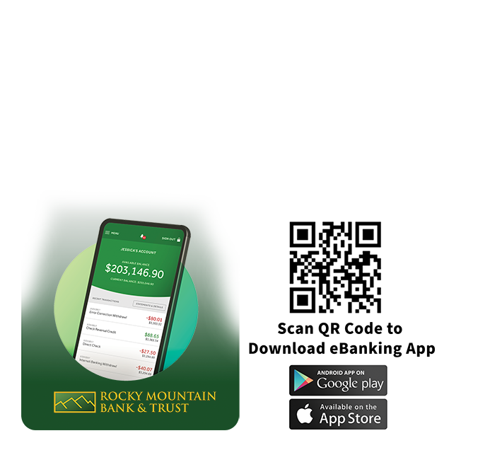 Rocky Mountain Bank & Trust Logo with code to scan for downloading the eBanking app